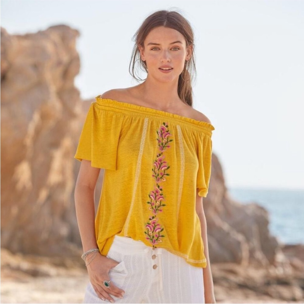 Sundance Dancing Garden Top Yellow Embroidered Off the Shoulder Medium